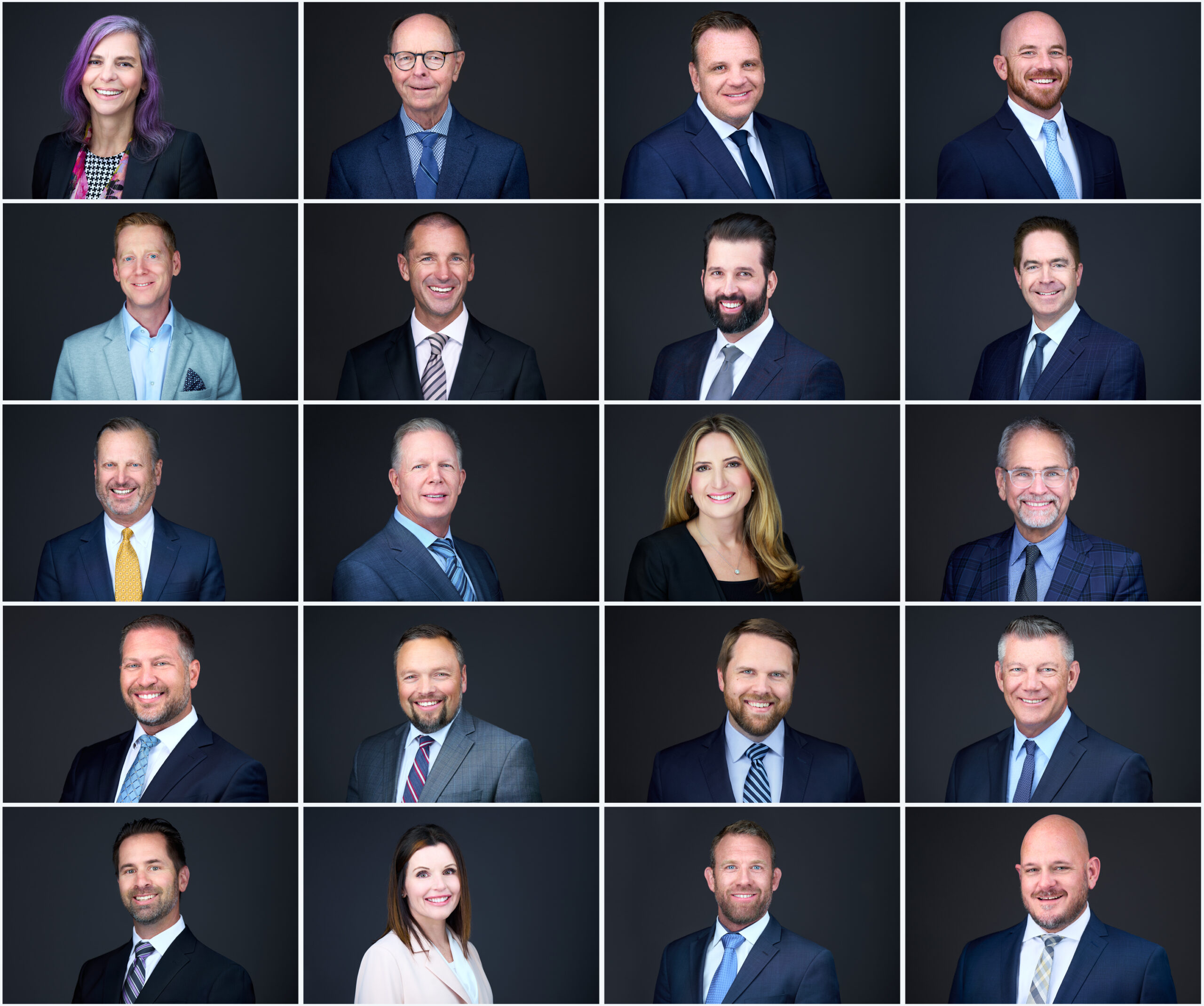 A grid of corporate headshots on a dark background.